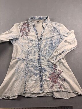 Vtg America Blues Acid Wash Shirt XLarge Western Scarlett Pink Embroidery Boho